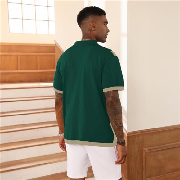 Men's Fashion Polo Shirts Vintage Striped Green - Picture 6 of 6